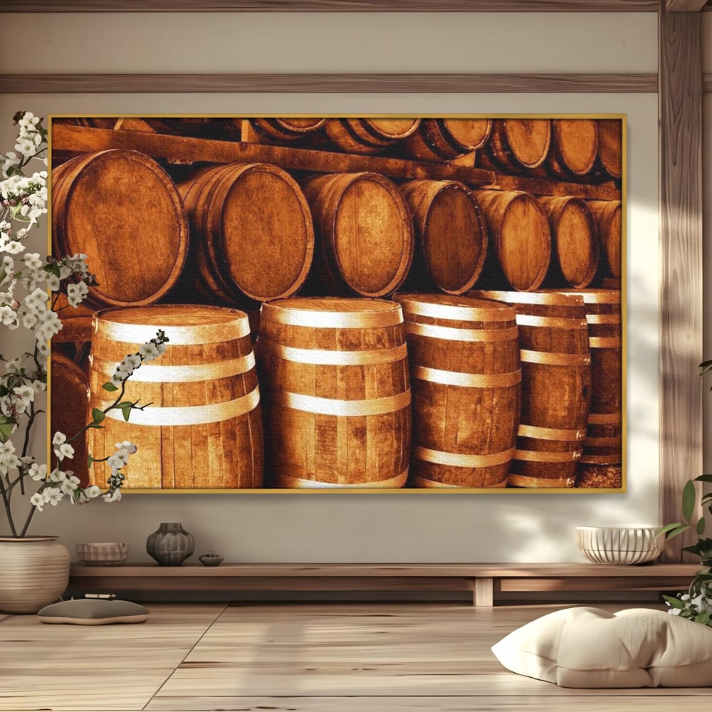 Tablou canvas cu tablou canvas cu butoaie din lemn, in rama de aluminiu auriu